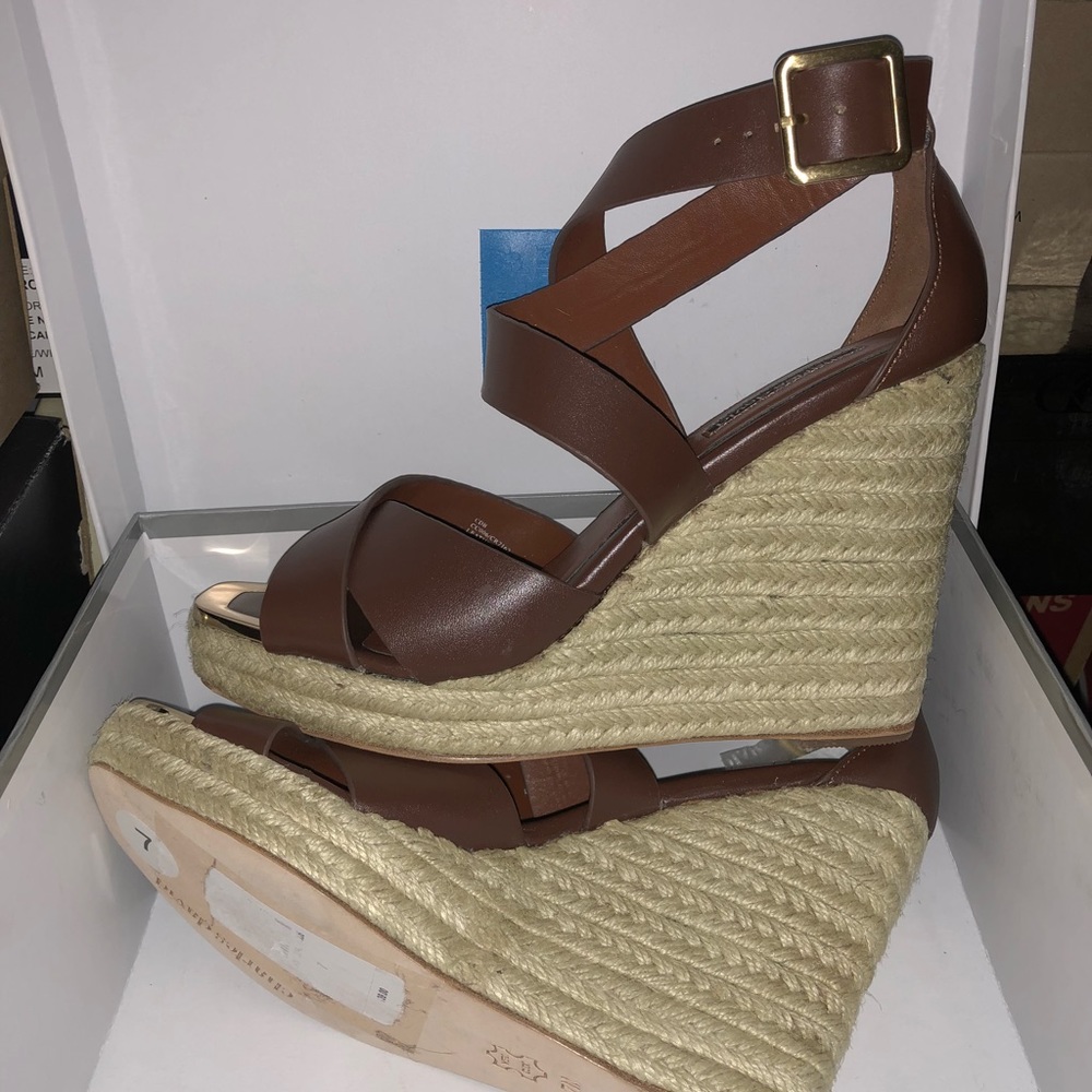 Charles David, brown wedge w/ leather gold strap